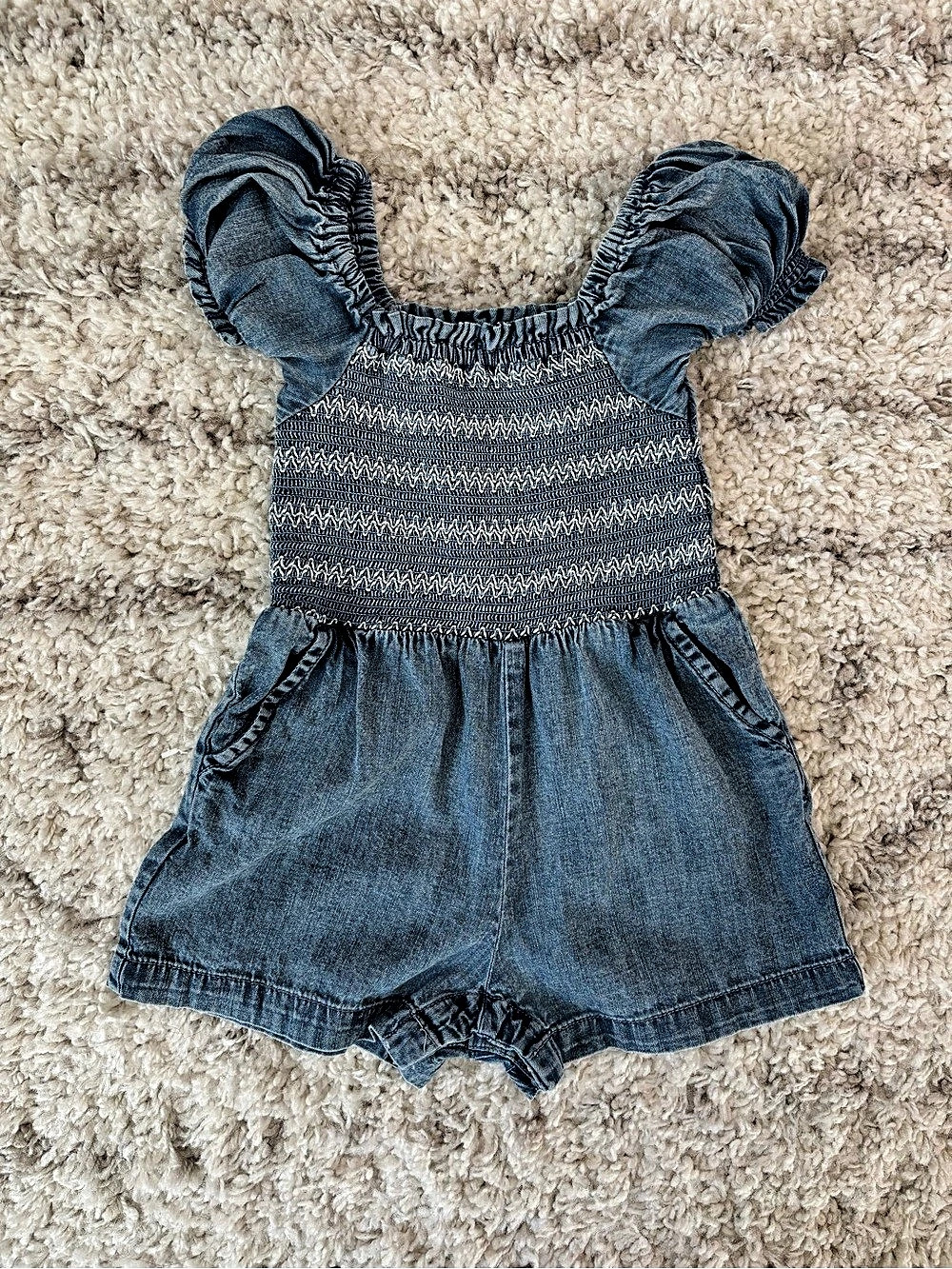 Janie and Jack Girls Smocked Denim Romper – 18–24M